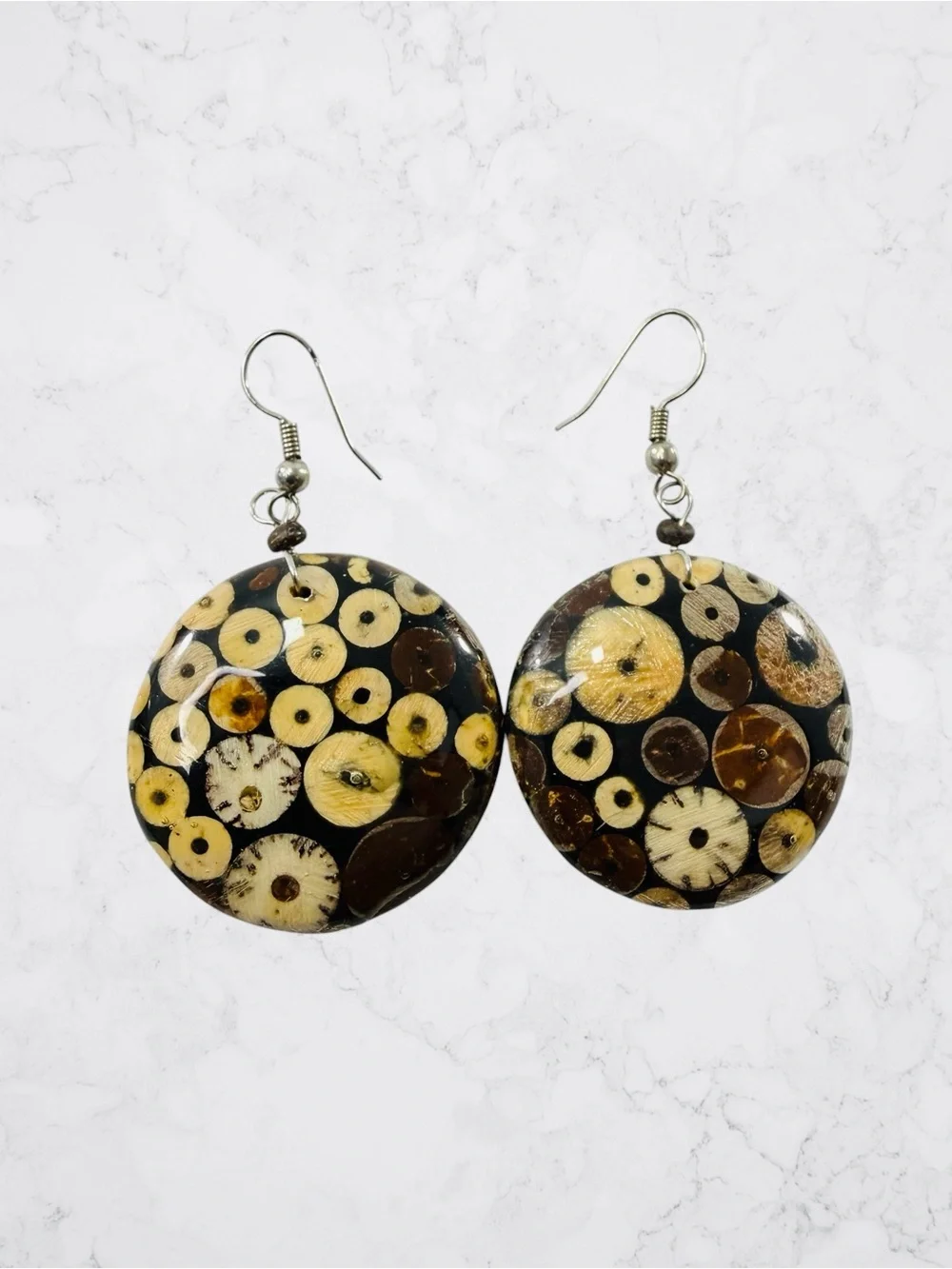 Round Mosaic Coconut Shell Brown Beige Disc Hook Earrings Boho Tribal Native
